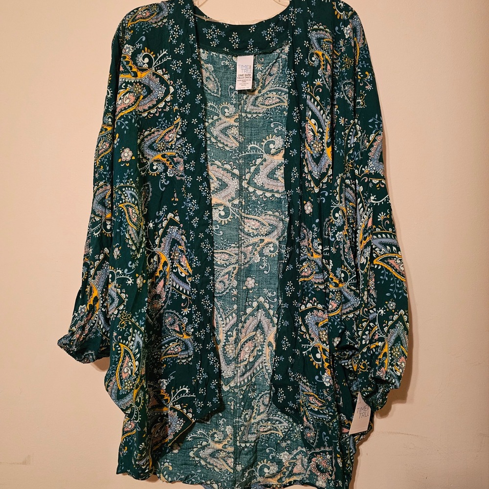 Time and Tru Womens Green Paisley Kimono Wrap Open Front Rayon One Size NWT
